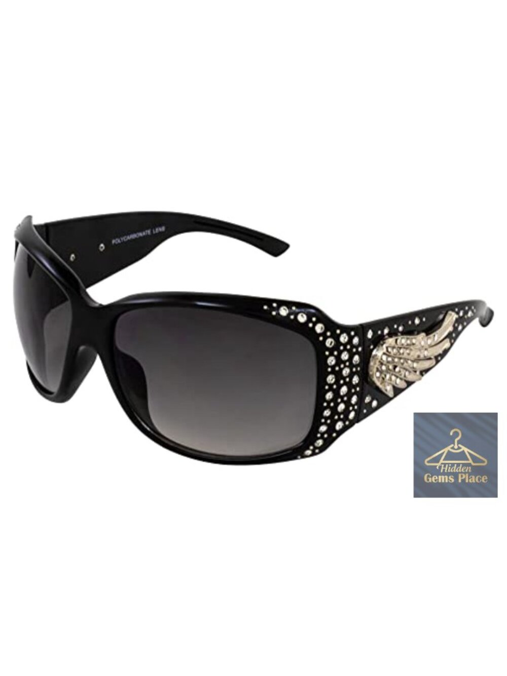 Womens Rhinestone Bling Sunglasses Oversized Frame Metal Angel Wing Accents